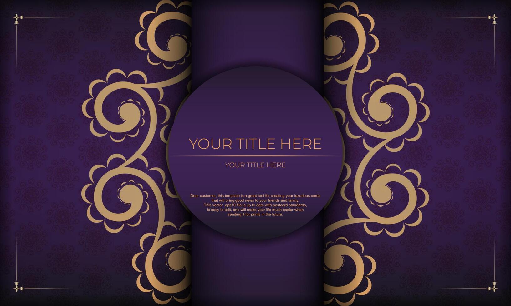 Luxurious purple invitation card template with vintage indian ornaments. Elegant and classic elements ready for print and typography. Vector illustration.