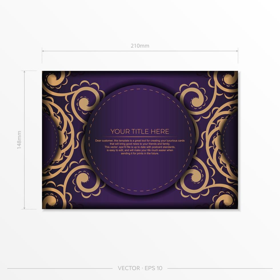 Luxurious purple postcard template with vintage abstract mandala ornament. Elegant and classic vector elements are great for decoration.