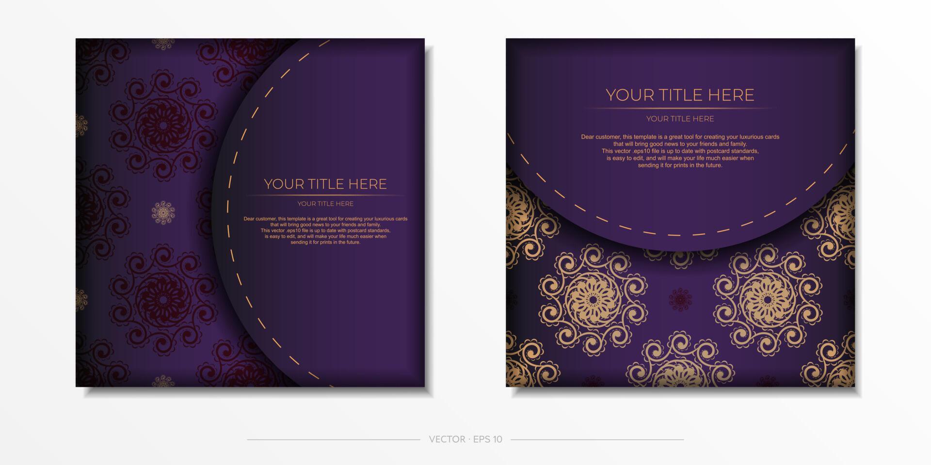 Luxurious purple postcard template with vintage abstract mandala ornament. Elegant and classic elements ready for print and typography. vector