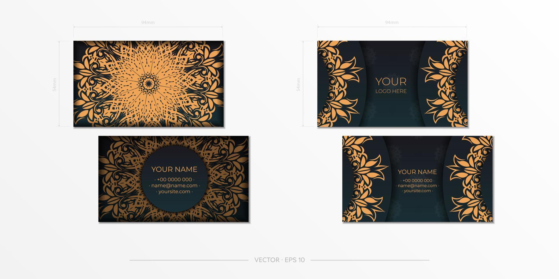 plantilla de tarjetas de visita verde oscuro con adornos decorativos tarjetas de visita, patrón oriental, ilustración vectorial. vector
