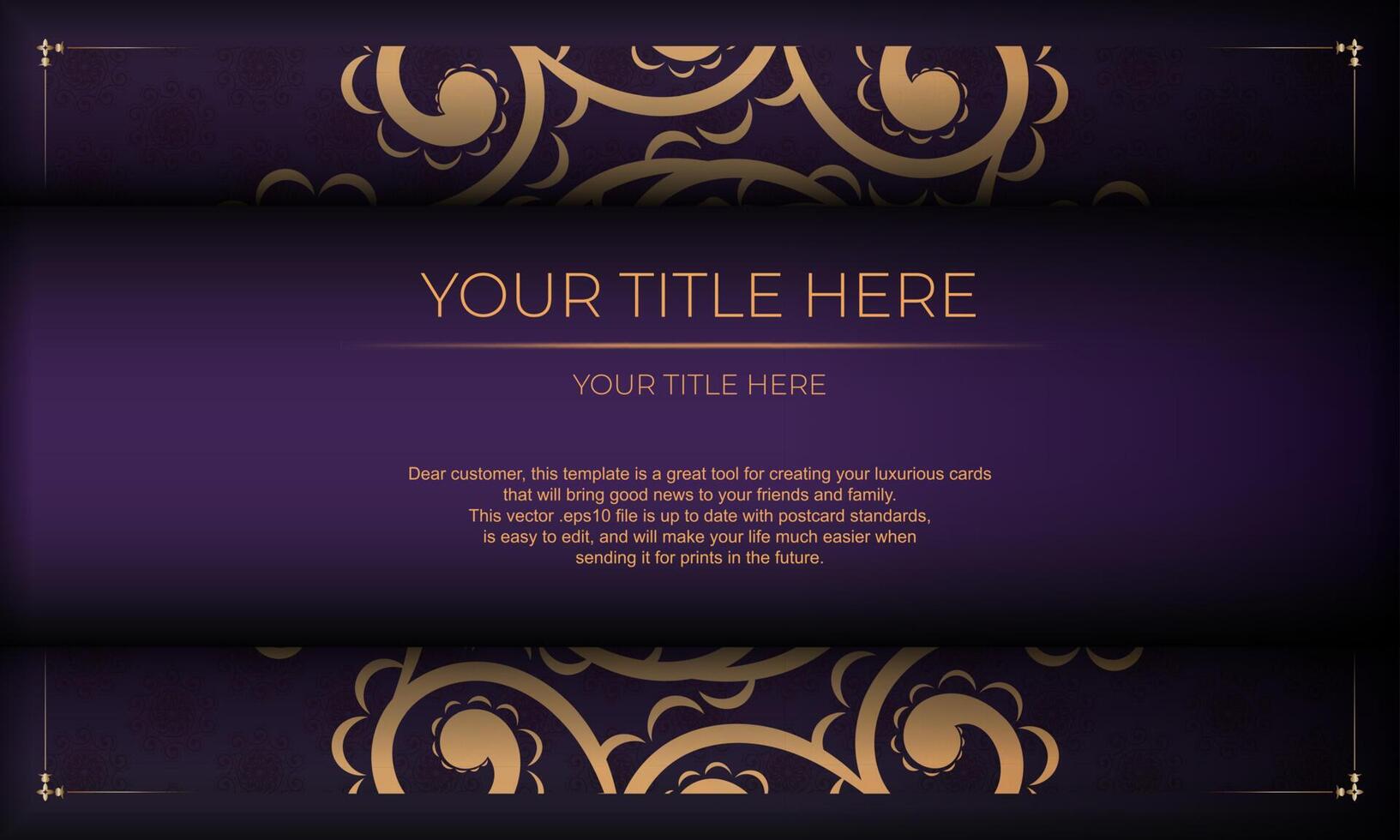 Luxurious purple invitation card template with vintage indian ornaments. Elegant and classic elements ready for print and typography. Vector illustration.