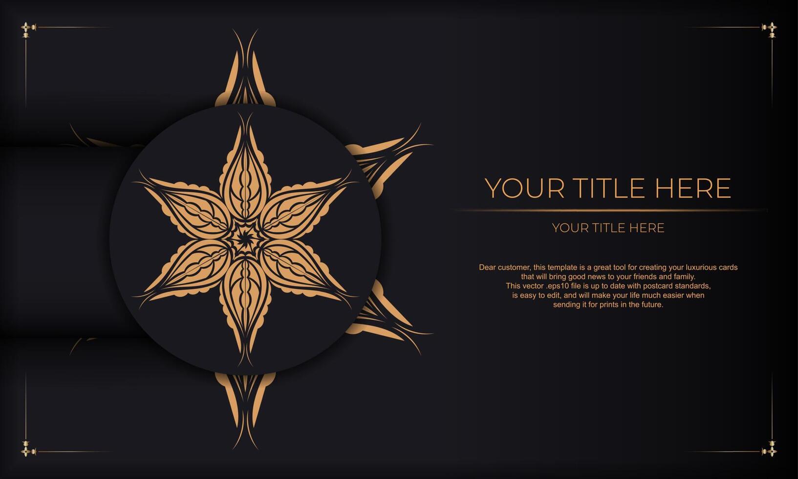 Luxurious black postcard template with vintage indian ornaments. Elegant and classic elements ready for print and typography. Vector illustration.