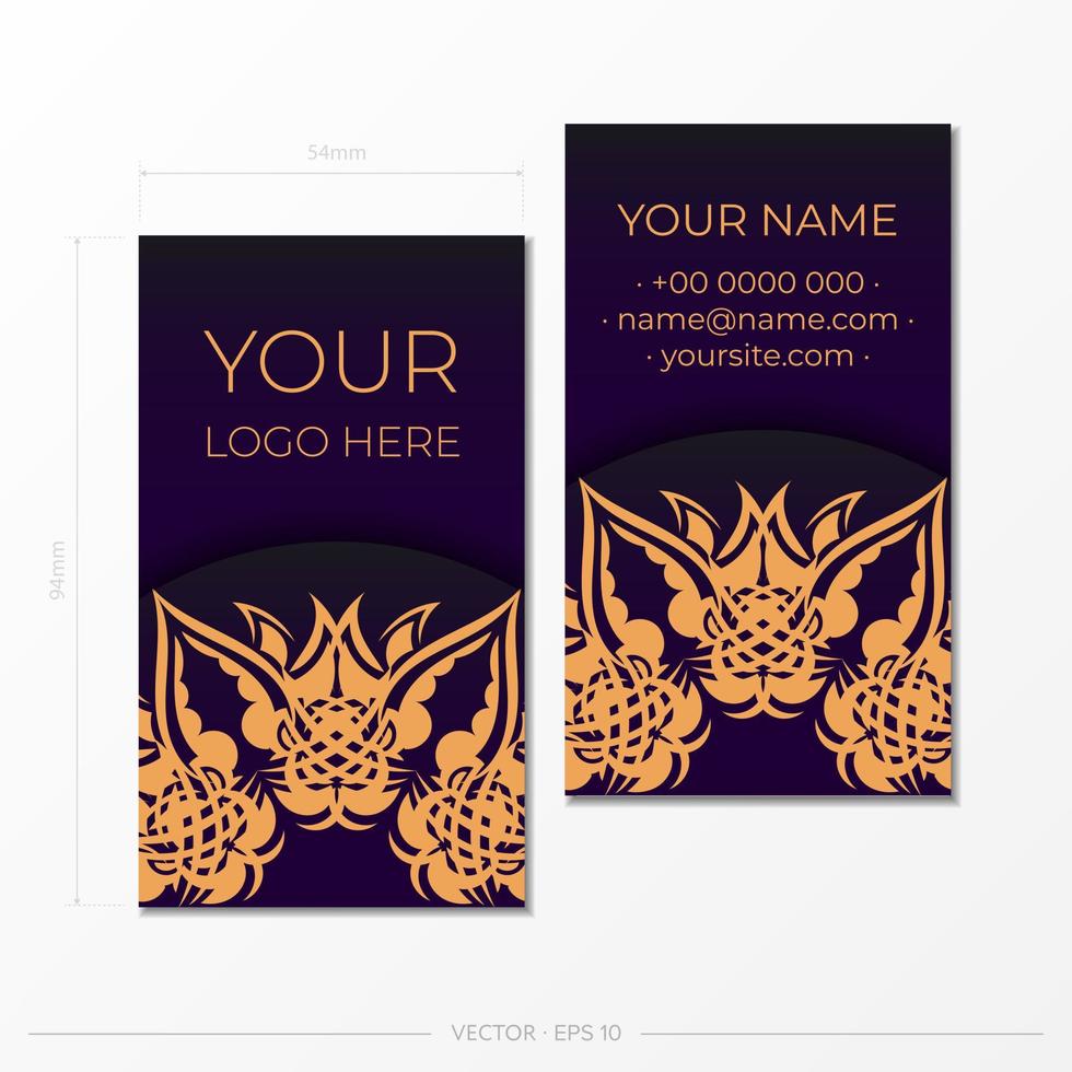 tarjetas de visita de lujo moradas con adornos decorativos tarjetas de visita, patrón oriental, ilustración. vector
