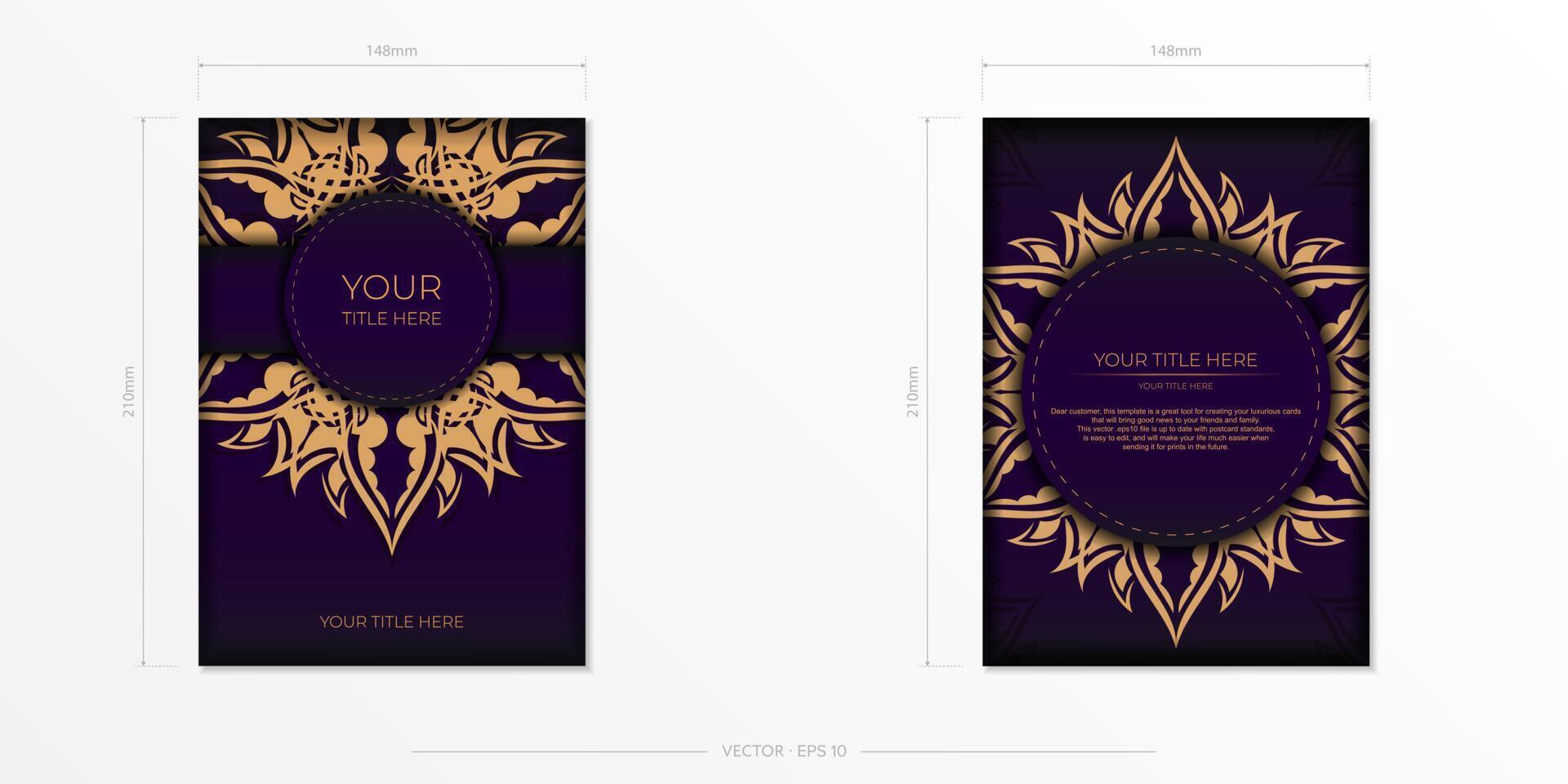 Luxurious purple rectangular postcard template with vintage indian mandala ornament. Elegant and classic elements ready for print and typography. vector
