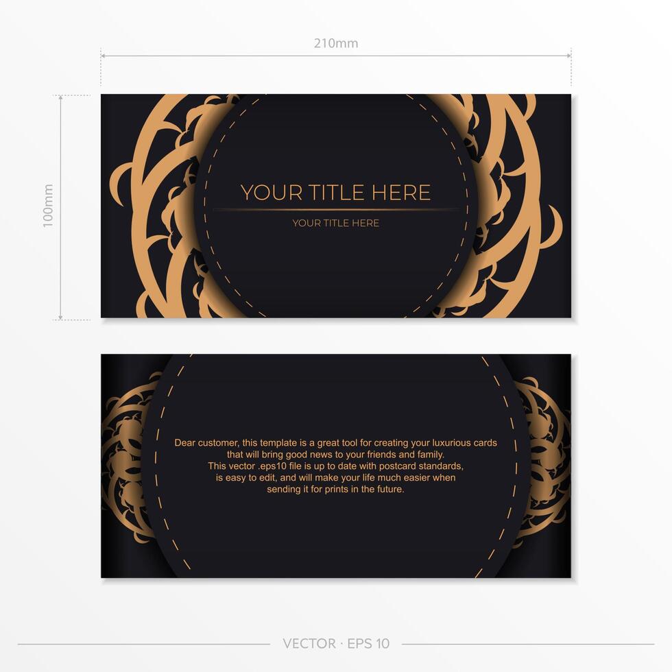 Luxurious black rectangular postcard template with vintage indian ornaments. Elegant and classic vector elements ready for print and typography.