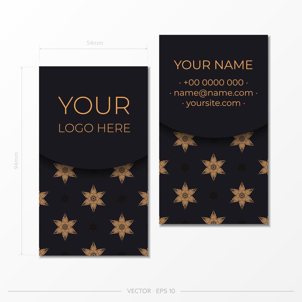 Vector visit card template with gold round frame and floral ornament