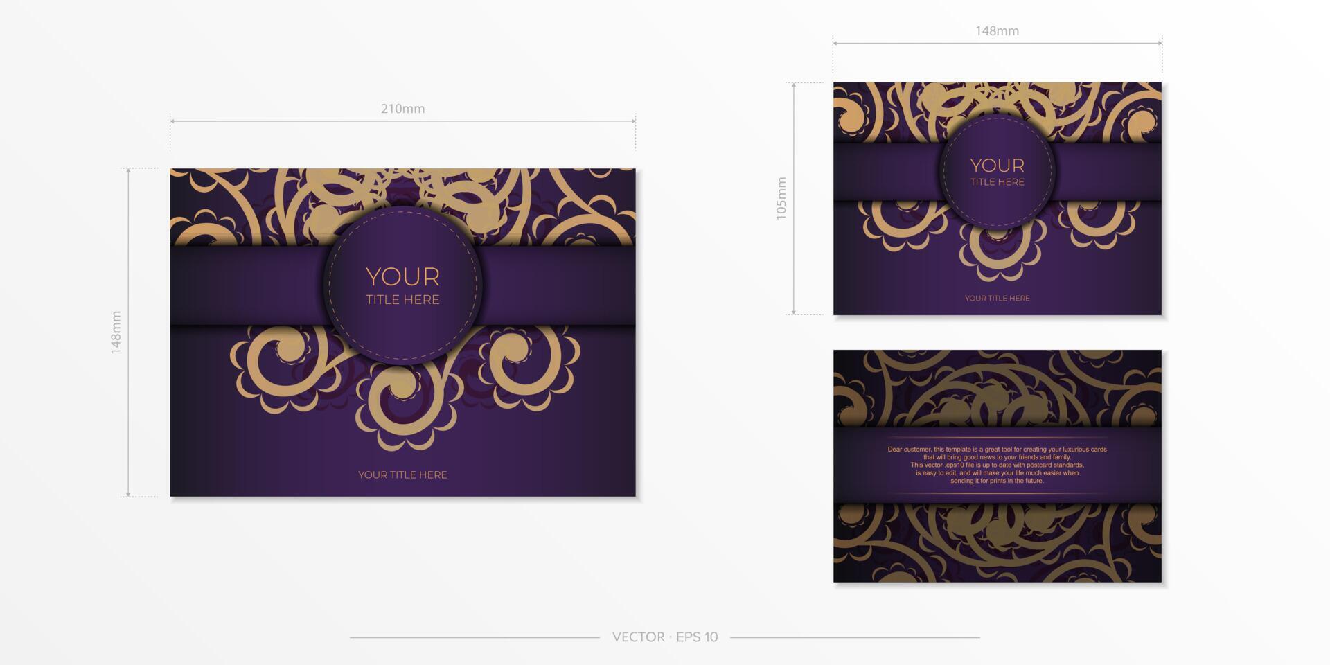 Luxurious purple postcard template with vintage Indian mandala ornament. Elegant and classic vector elements ready for print and typography.