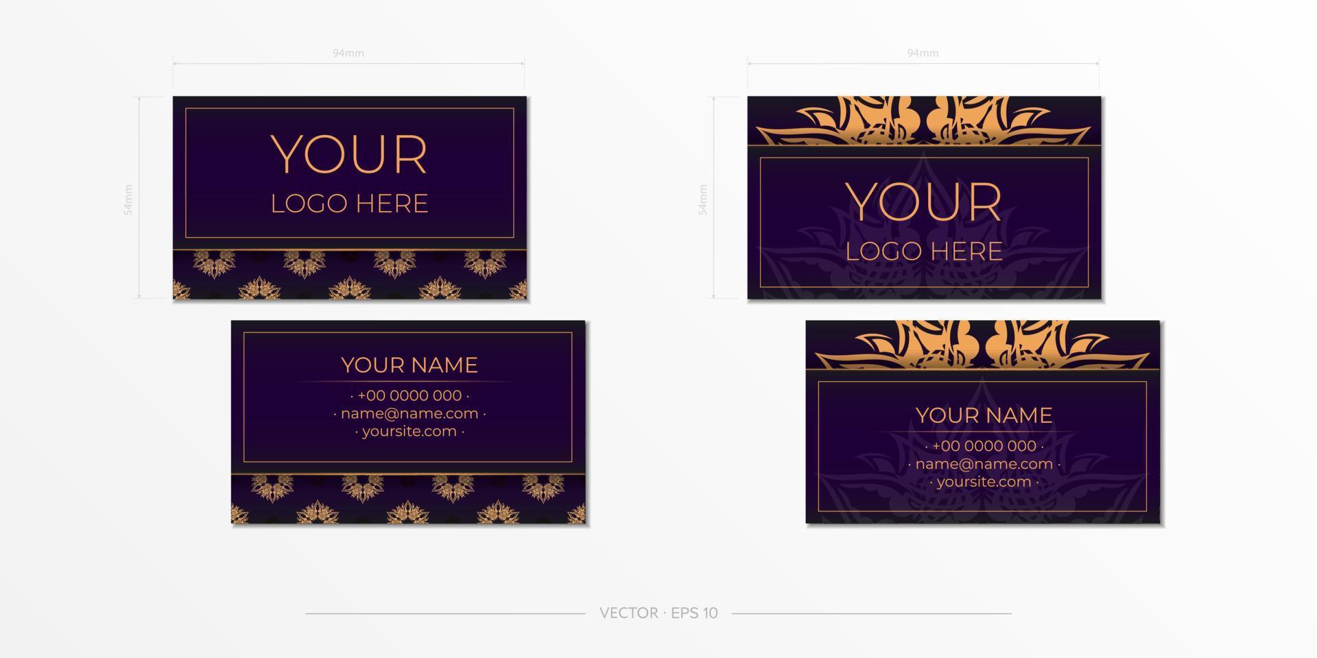 Purple luxury Business cards. Decorative business card ornaments, oriental pattern, illustration. Ready to print, meet the requirements of the printing house. vector