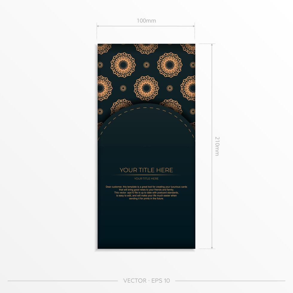 Dark green postcard template with white abstract mandala ornament. Elegant and classic vector elements ready for print and typography.