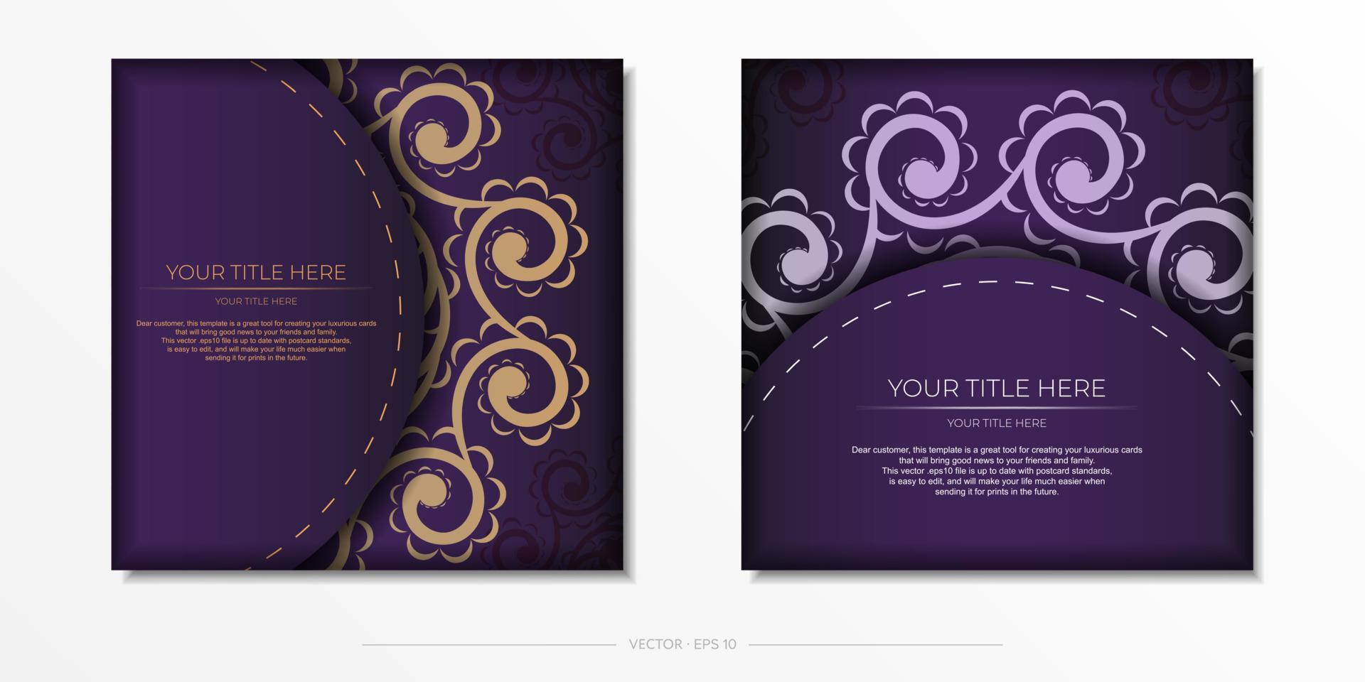Luxurious purple postcard template with vintage abstract mandala ornament. Elegant and classic vector elements ready for print and typography.