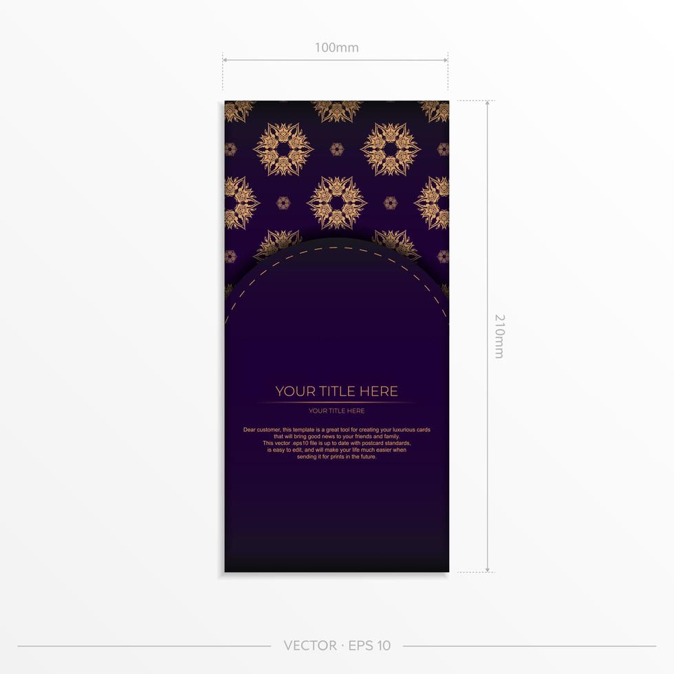 Luxurious purple rectangular postcard template with vintage abstract mandala ornament. Elegant and classic vector elements ready for print and typography.