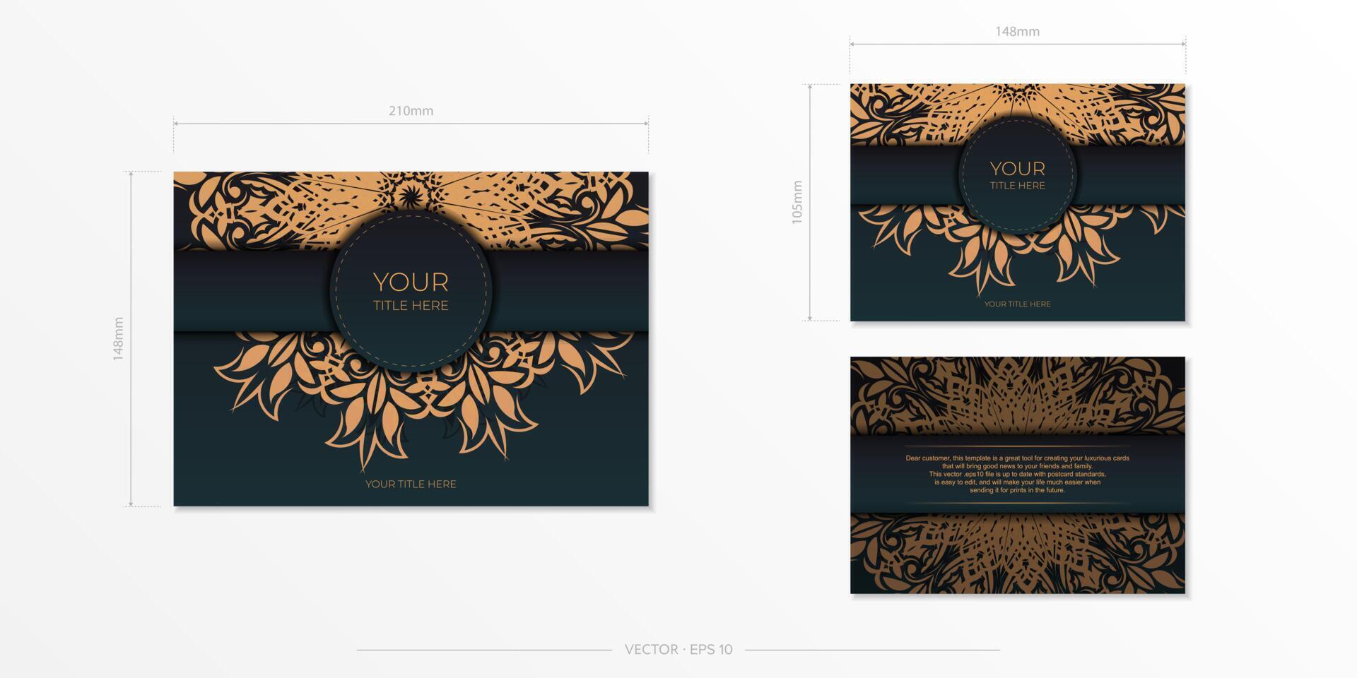 Dark green postcard template with white abstract mandala ornament. Elegant and classic elements ready for print and typography. illustration. vector