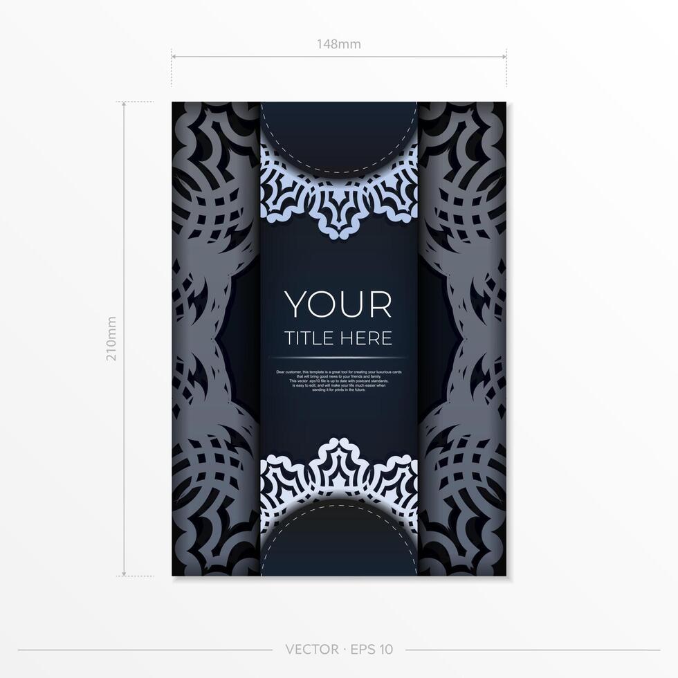 Dark blue invitation card template with white Indian ornaments. Elegant and classic vector elements ready for print and typography.