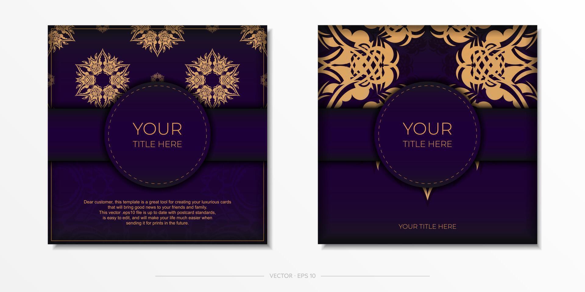 Luxurious purple square postcard template with vintage indian ornaments. Elegant and classic elements ready for print and typography. vector