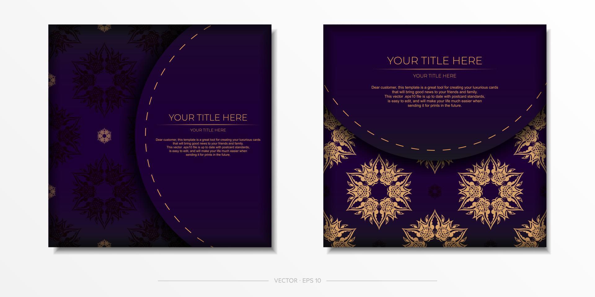 Luxurious purple square postcard template with vintage indian ornaments. Elegant and classic vector elements ready for print and typography.