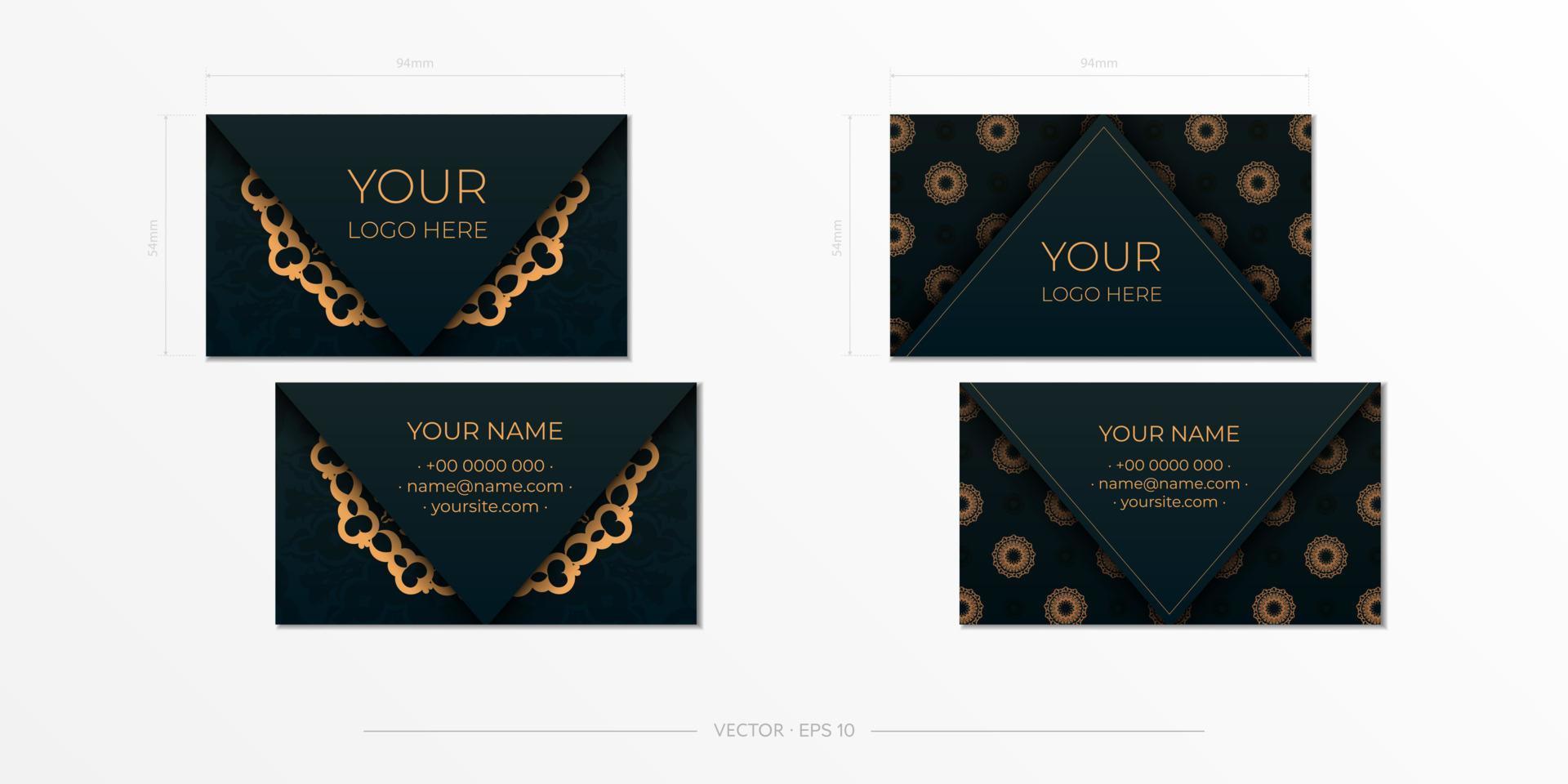 Dark green Business cards with decorative ornaments business cards, oriental pattern, illustration. vector