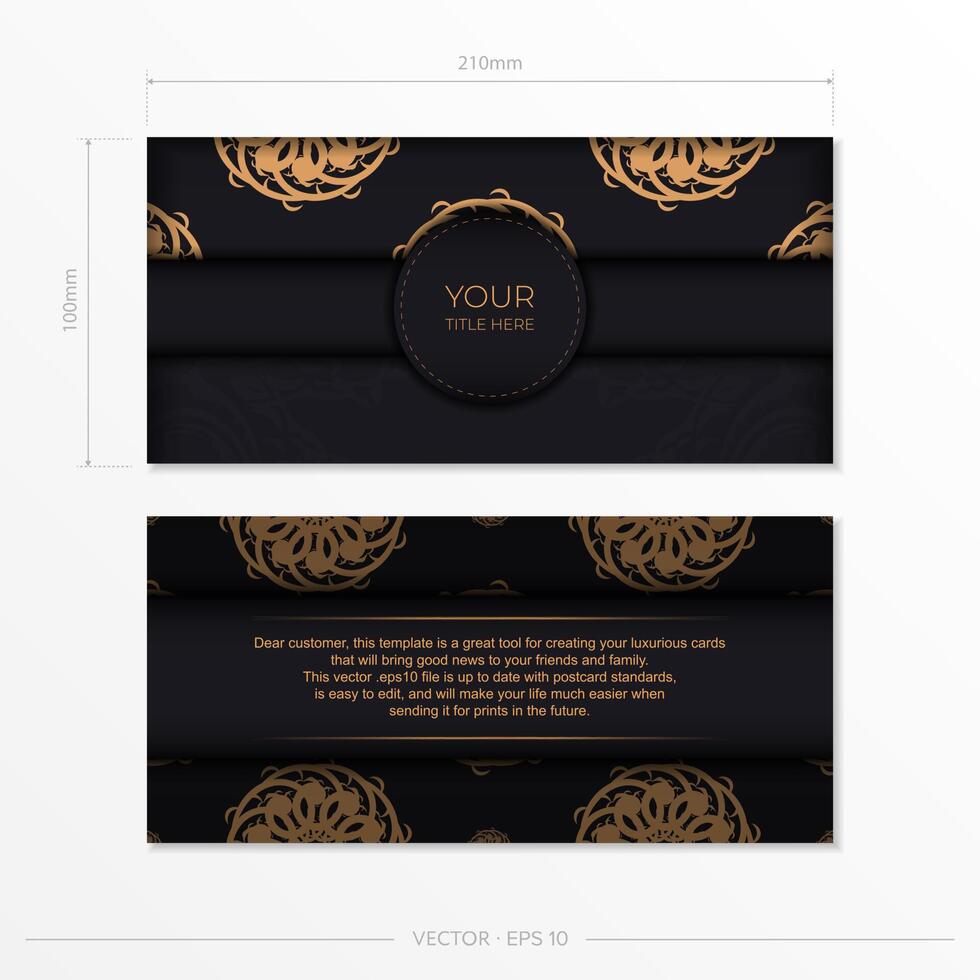 Luxurious black rectangular postcard template with vintage abstract mandala ornament. Elegant and classic elements ready for print and typography. vector