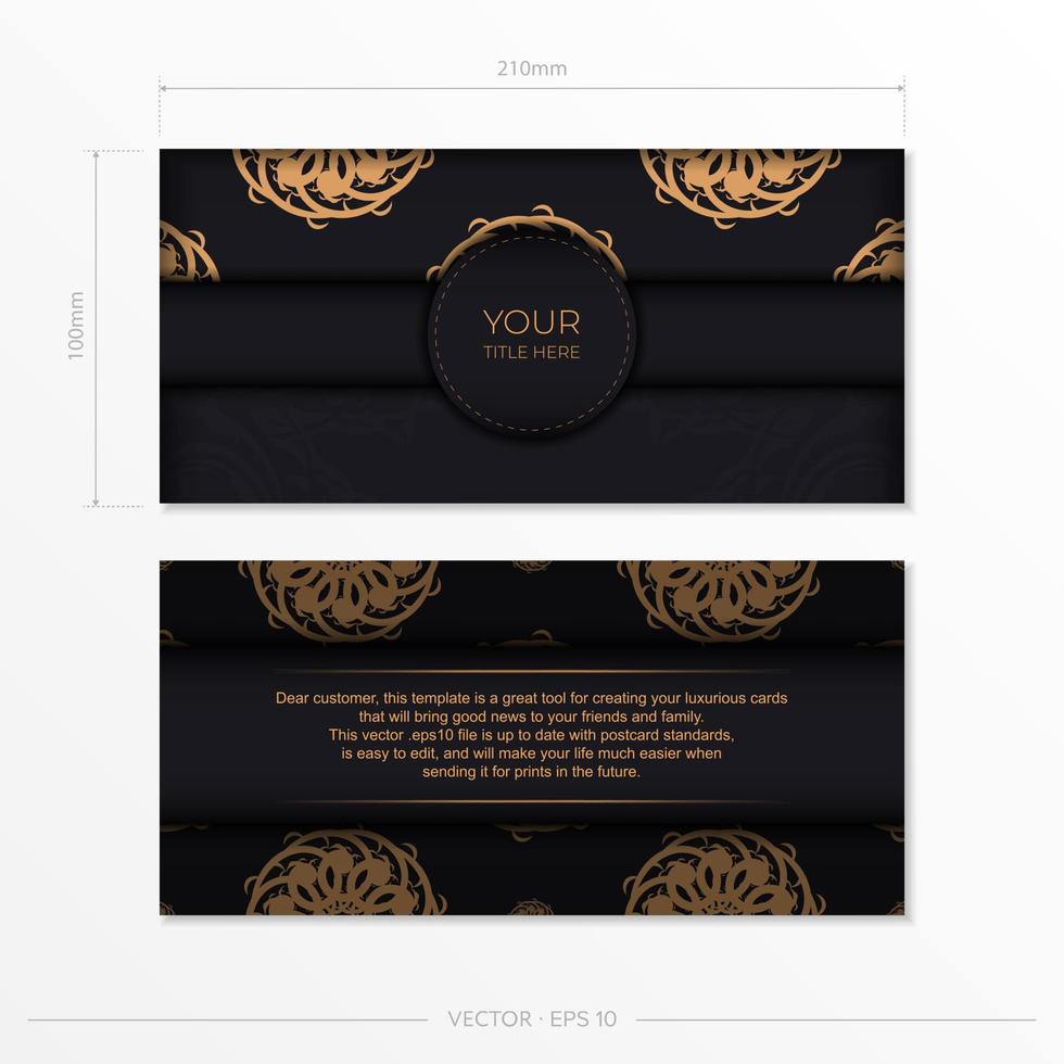 Luxurious black rectangular postcard template with vintage abstract mandala ornament. Elegant and classic vector elements ready for print and typography.