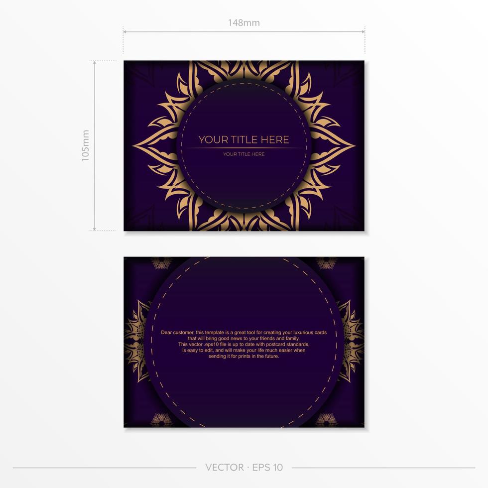 Luxurious purple rectangular postcard template with vintage abstract mandala ornament. Elegant and classic vector elements are great for decoration.