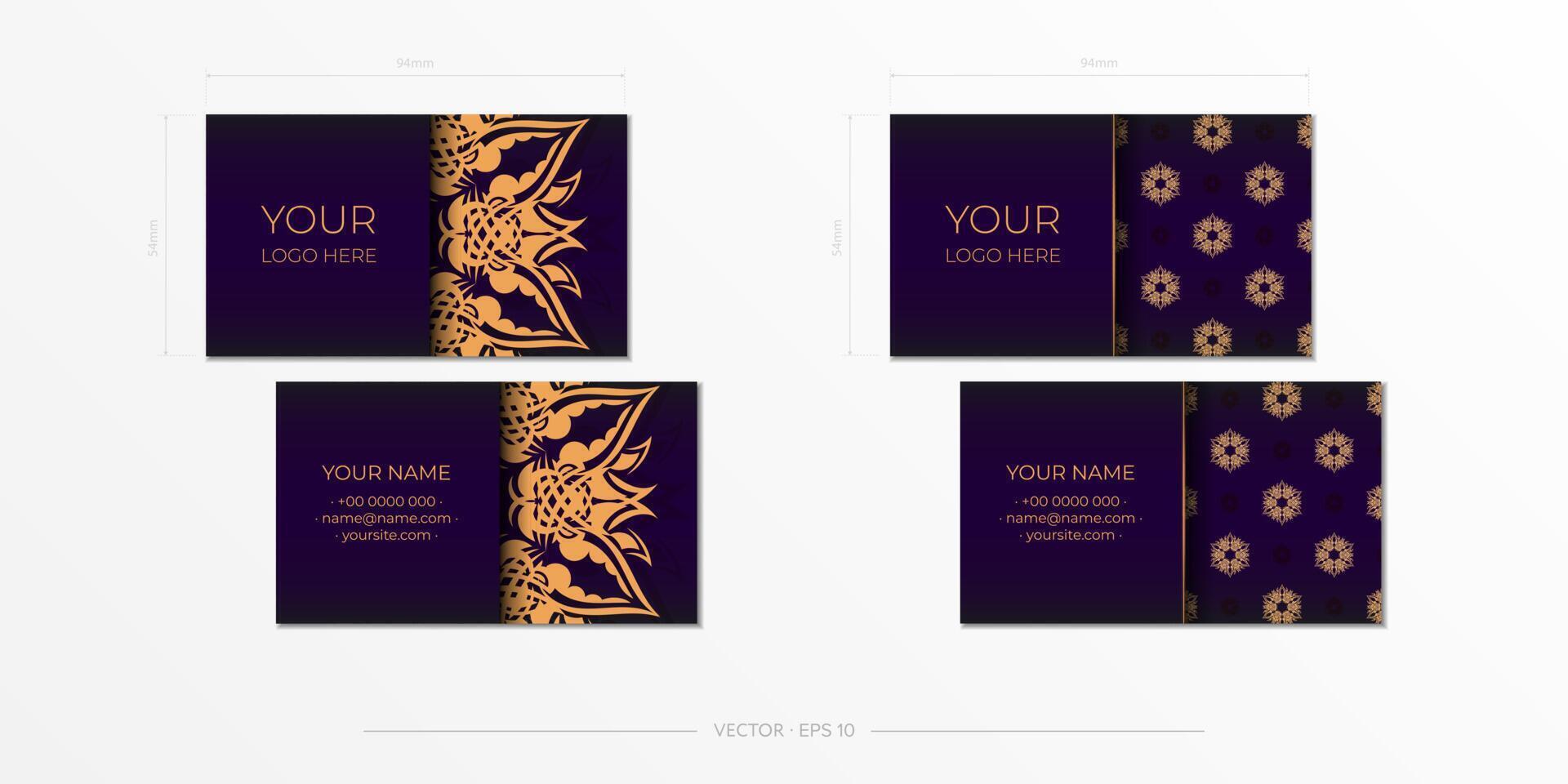 A set of four business cards with gold and purple designs vector