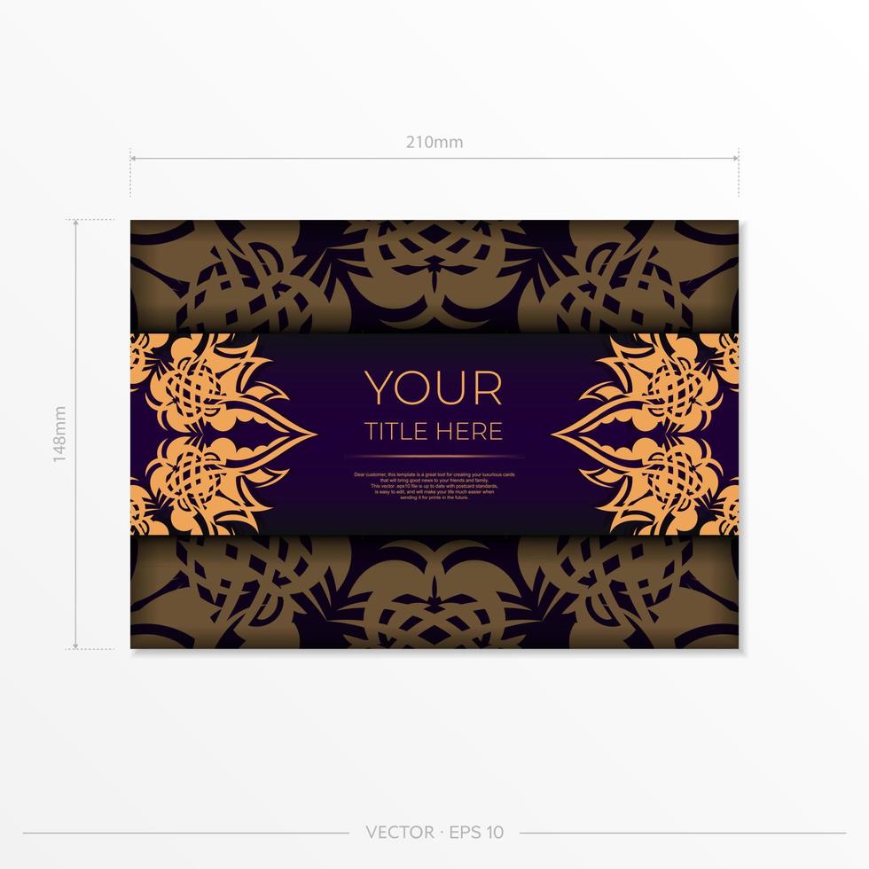 Luxurious purple rectangular postcard template with vintage abstract ornament. Elegant and classic vector elements are great for decoration.