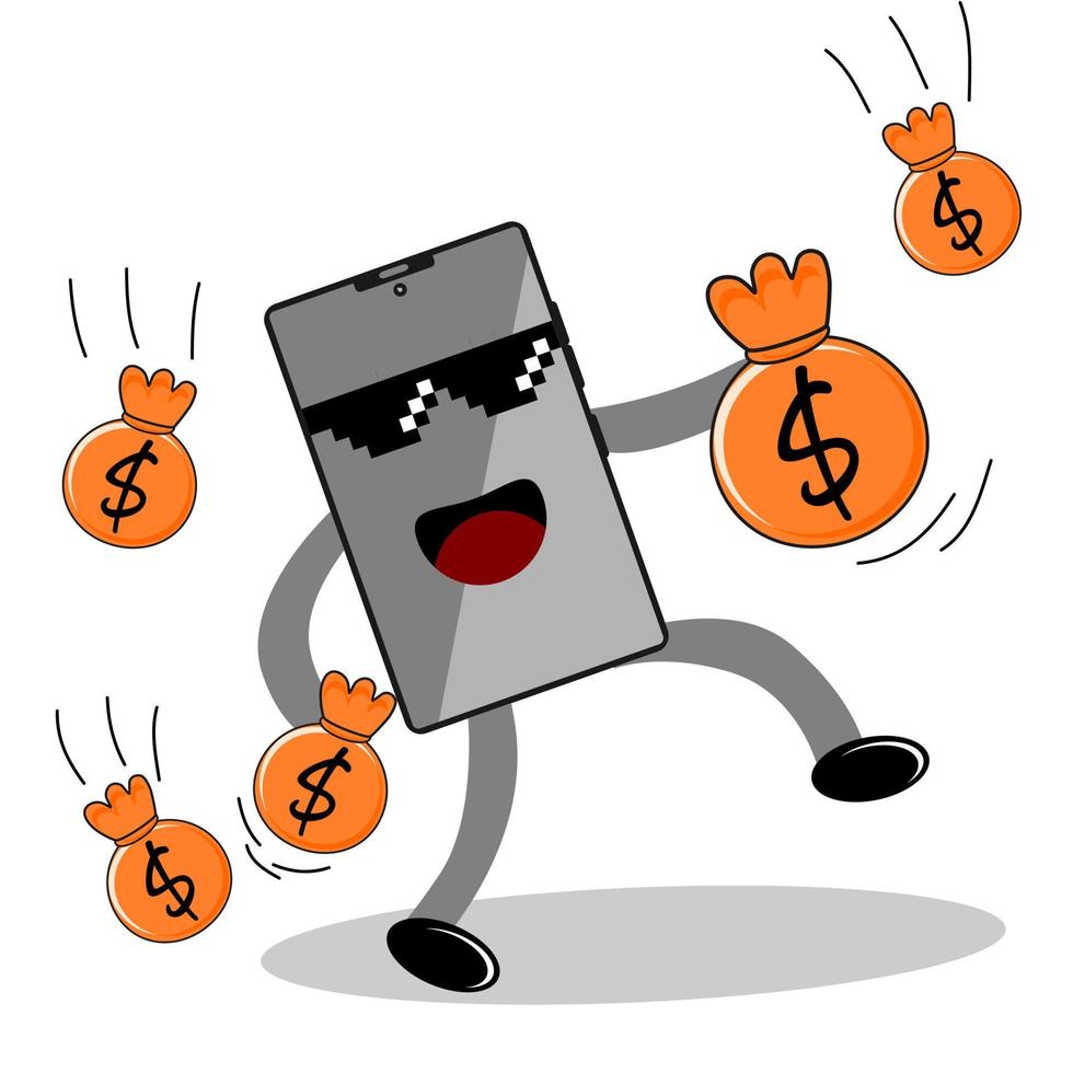 Cartoon illustration of the phone carrying money with pixel glasses. Illustration of a phone cartoon character for business. vector