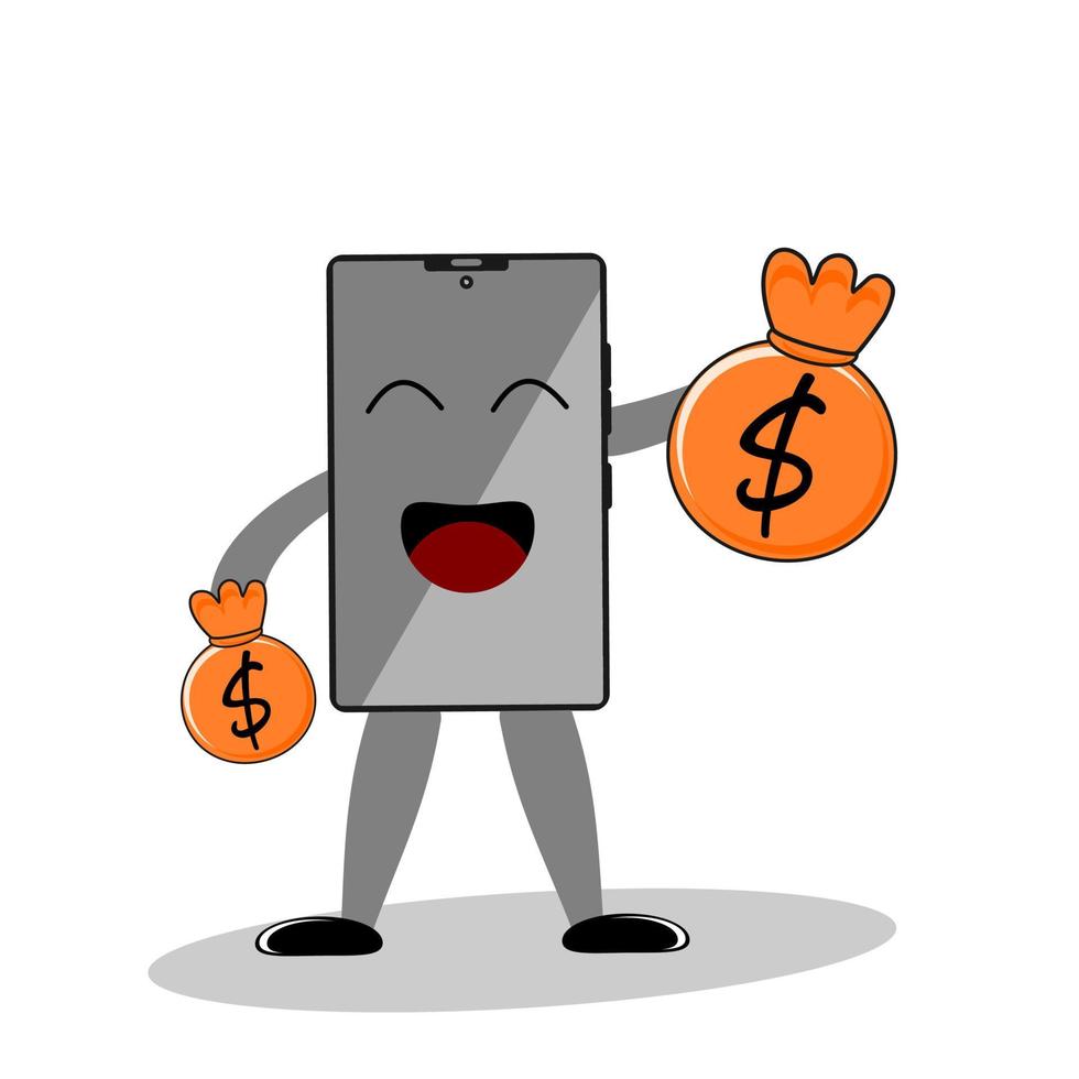 ilustración de dibujos animados de teléfono que lleva un bolso de dinero. ilustración de ganar dinero. mejor utilizado para la ilustración en los negocios. vector