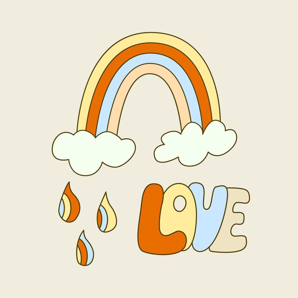 cartel de ambiente hippie con arco iris y nubes. ilustración vectorial retro de los años 70. estilo de dibujos animados maravilloso. amor letras dibujadas a mano. vector