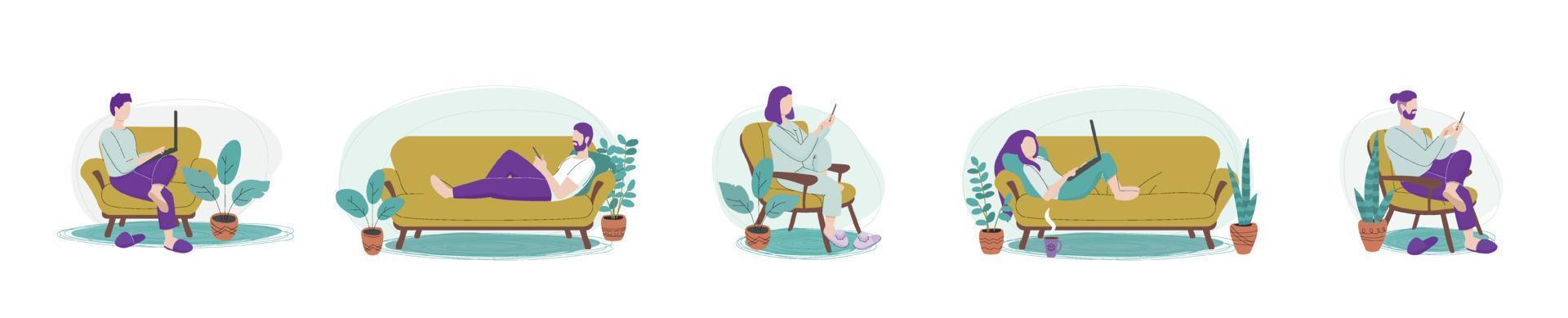 Collection of young people holding gadgets, smartphones and laptops. Men and women doing shopping, chatting, texting, working remotely or using mobile applications relaxed in home clothes on sofa. vector