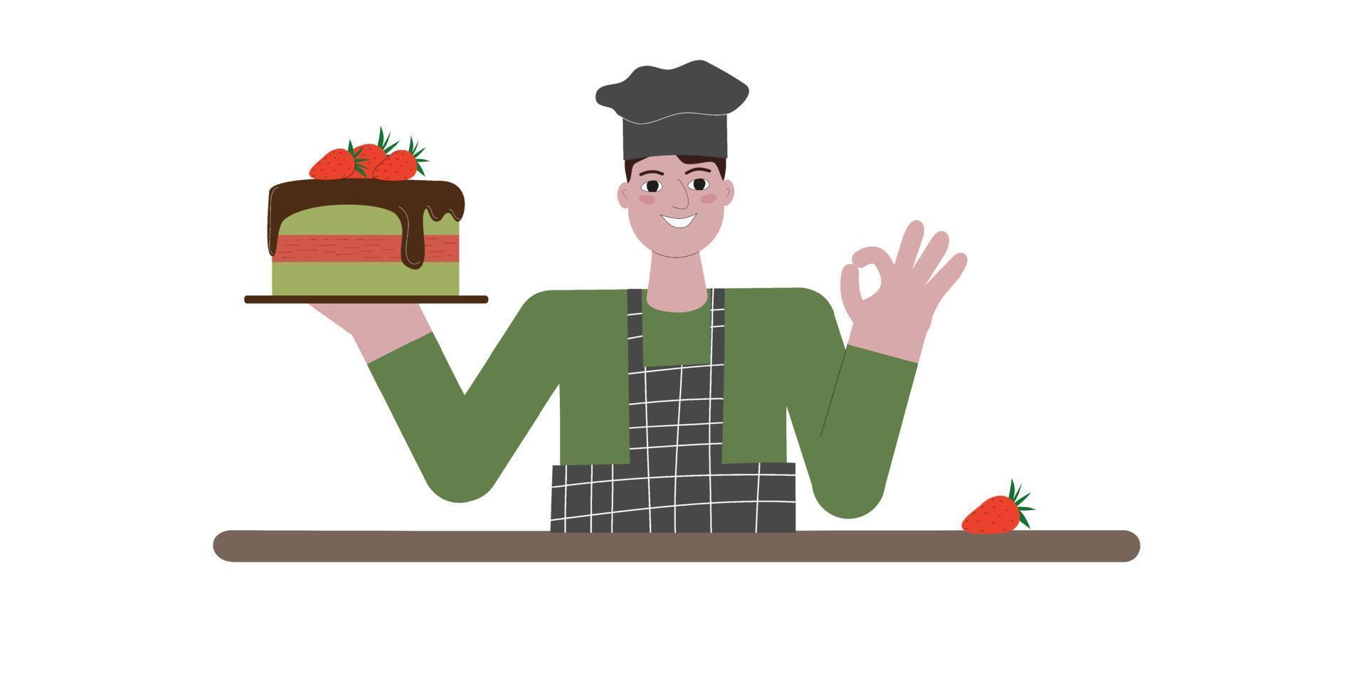 Chef cook in a uniform stands at the table holding a cake with chocolate and strawberry, smiles and shows ok. Cartoon flat style, vector illustration. Prepare food concept.