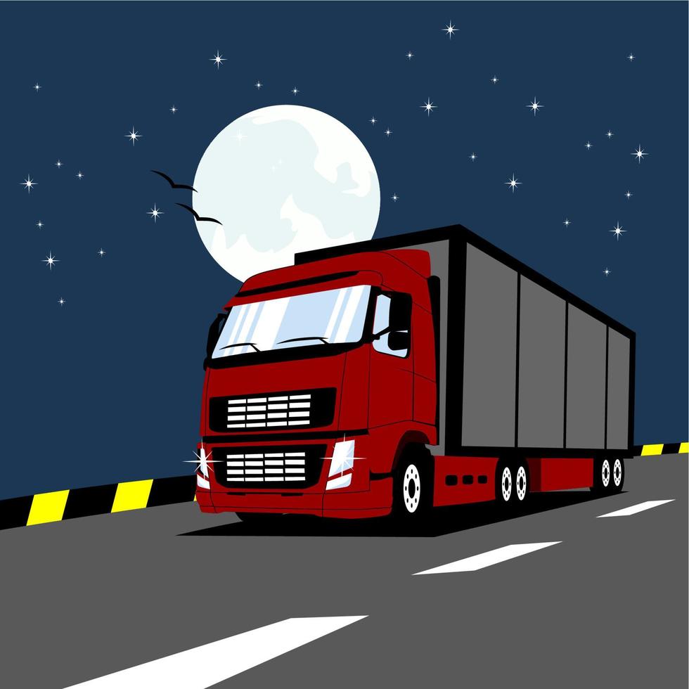 Container trucks run on the streets, travel at night for long distance transportation. vector