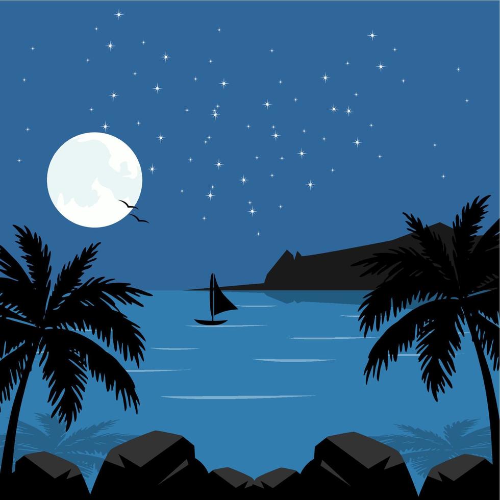 noche lunar y cielo estrellado. luz de la luna llena sobre el agua en la oscuridad. hermoso paisaje de naturaleza romántica. ilustración vectorial vector