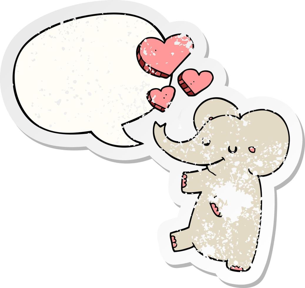 cartoon elephant and love hearts and speech bubble distressed sticker vector