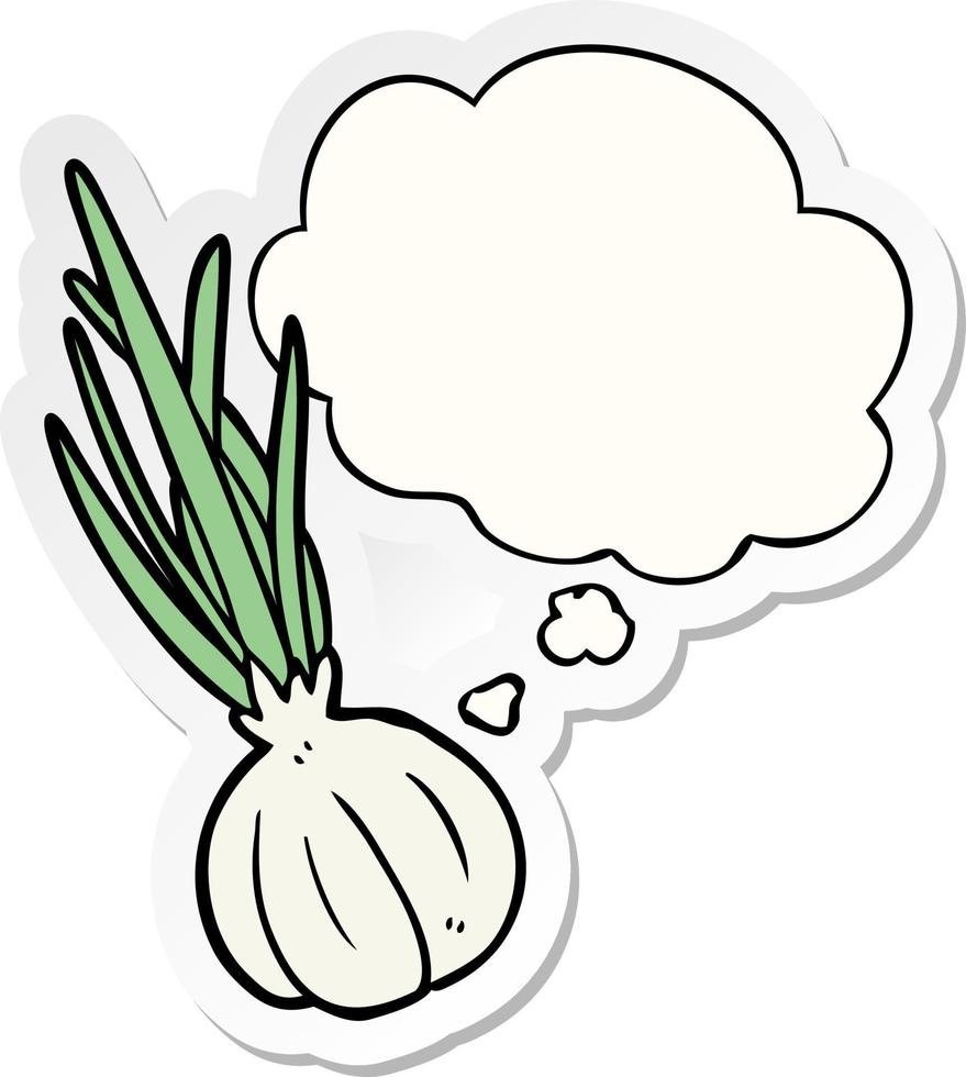 cartoon garlic and thought bubble as a printed sticker vector