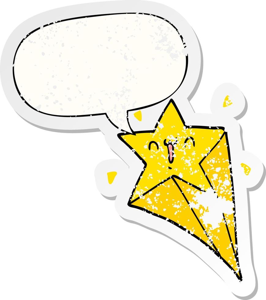 cartoon shooting star and speech bubble distressed sticker vector