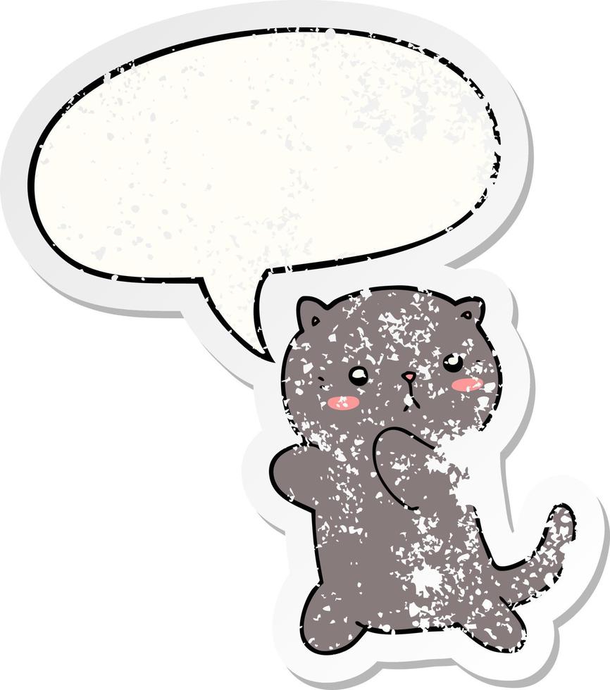 cute cartoon cat and speech bubble distressed sticker vector