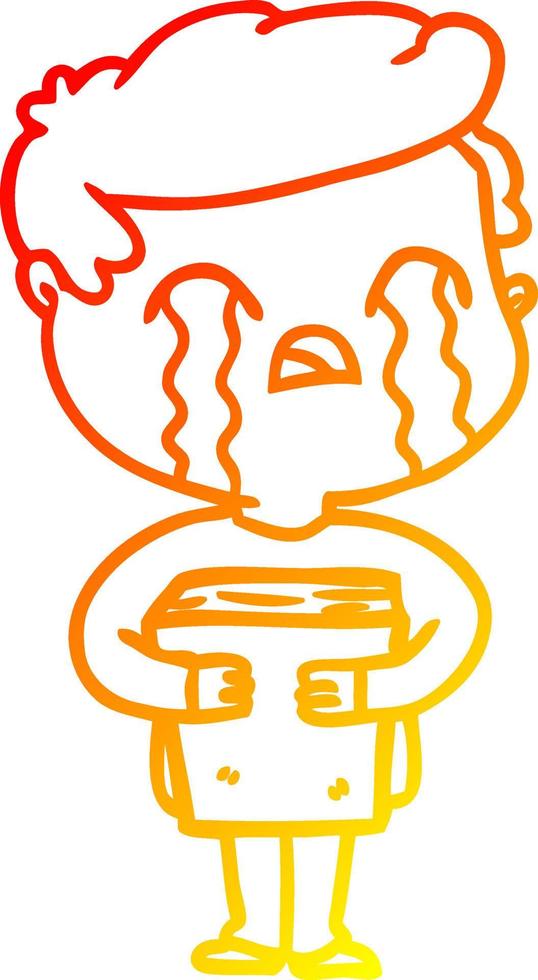 warm gradient line drawing cartoon man crying holding book vector