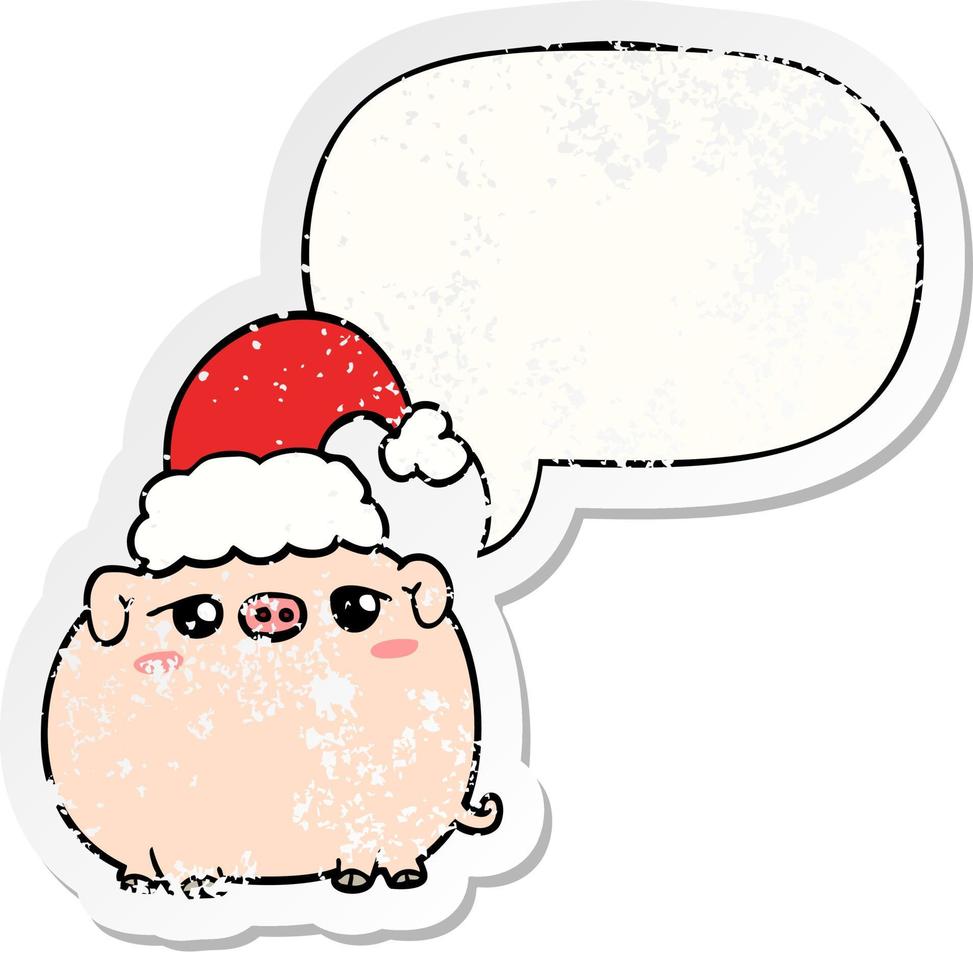 cartoon pig wearing christmas hat and speech bubble distressed sticker vector