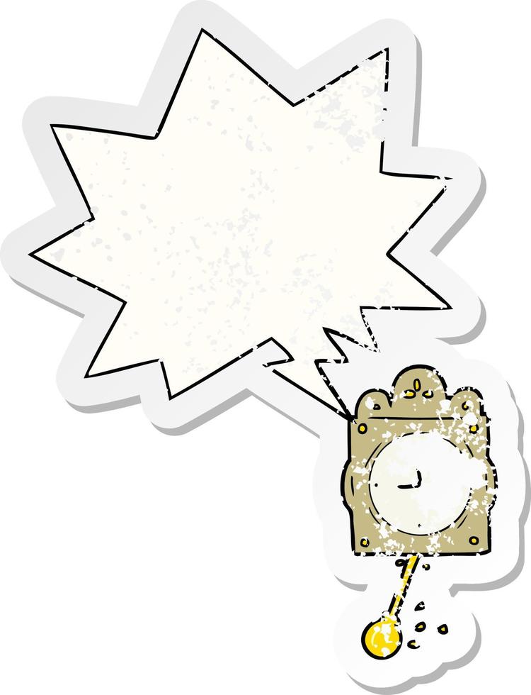 cartoon ticking clock and pendulum and speech bubble distressed sticker vector