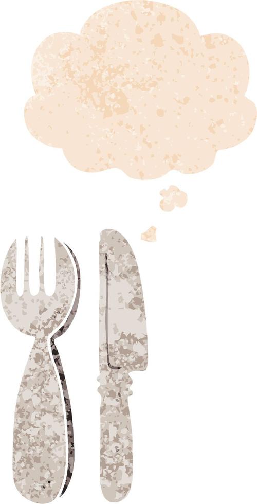 cartoon knife and fork and thought bubble in retro textured style vector
