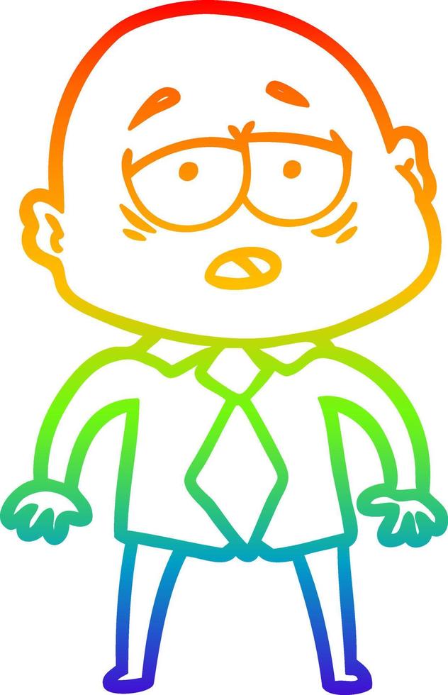 rainbow gradient line drawing cartoon tired bald man in shirt and tie vector