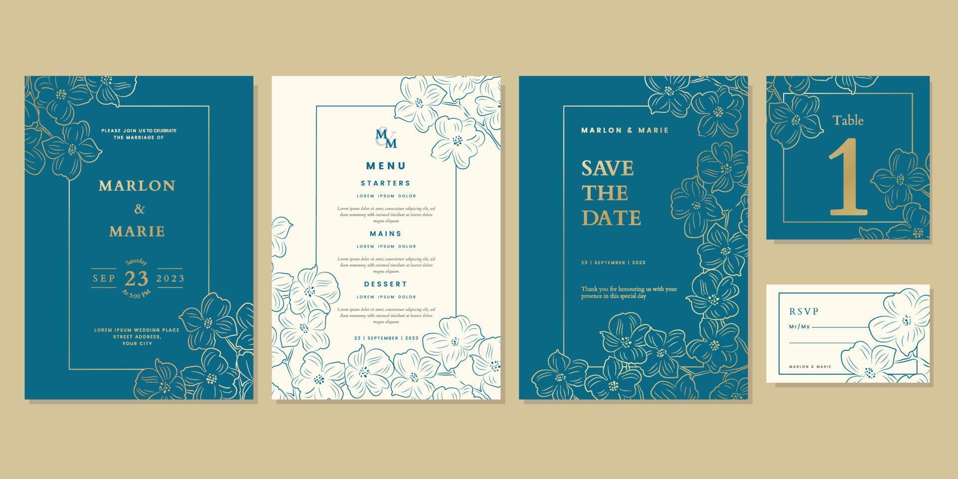 Golden gradient flower wedding invitation vector