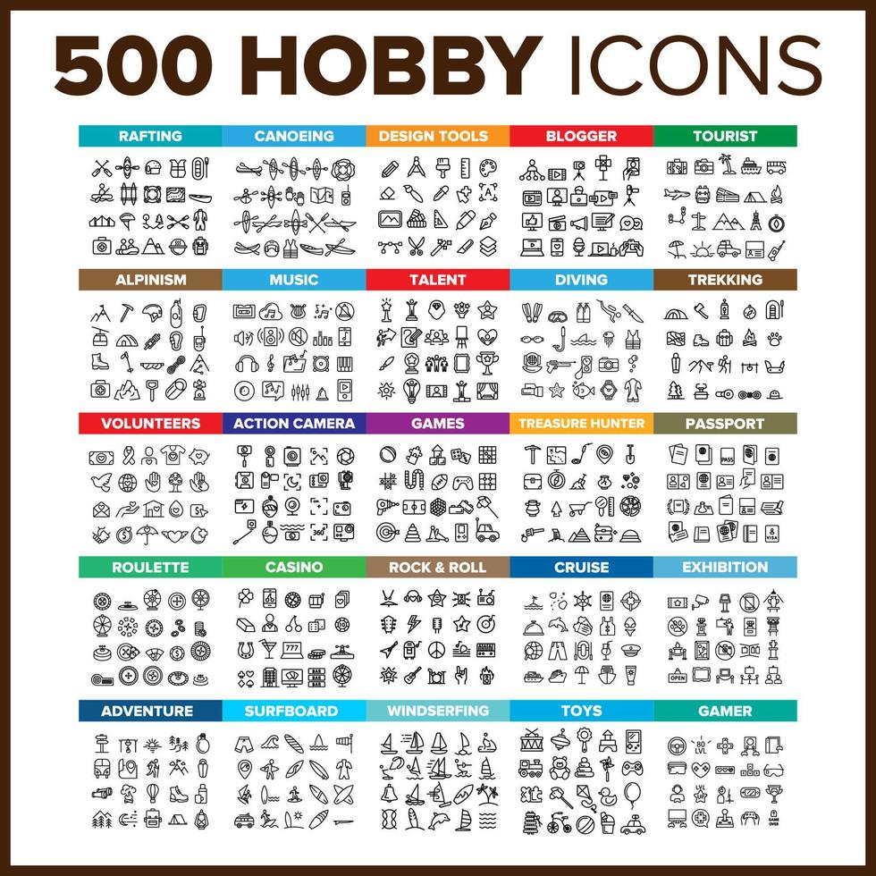 Hobby Icon Thin Line Big Set Vector