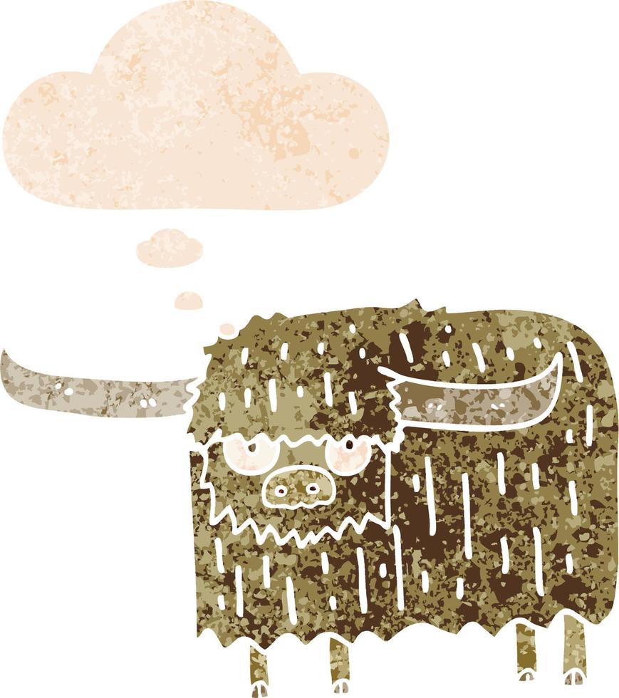 cartoon hairy cow and thought bubble in retro textured style vector