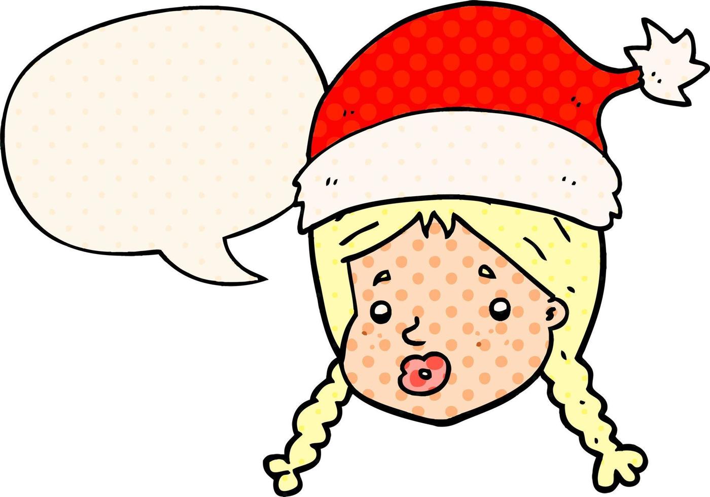 caricatura, niña, llevando, navidad, sombrero, y, discurso, burbuja, en, cómico, estilo vector