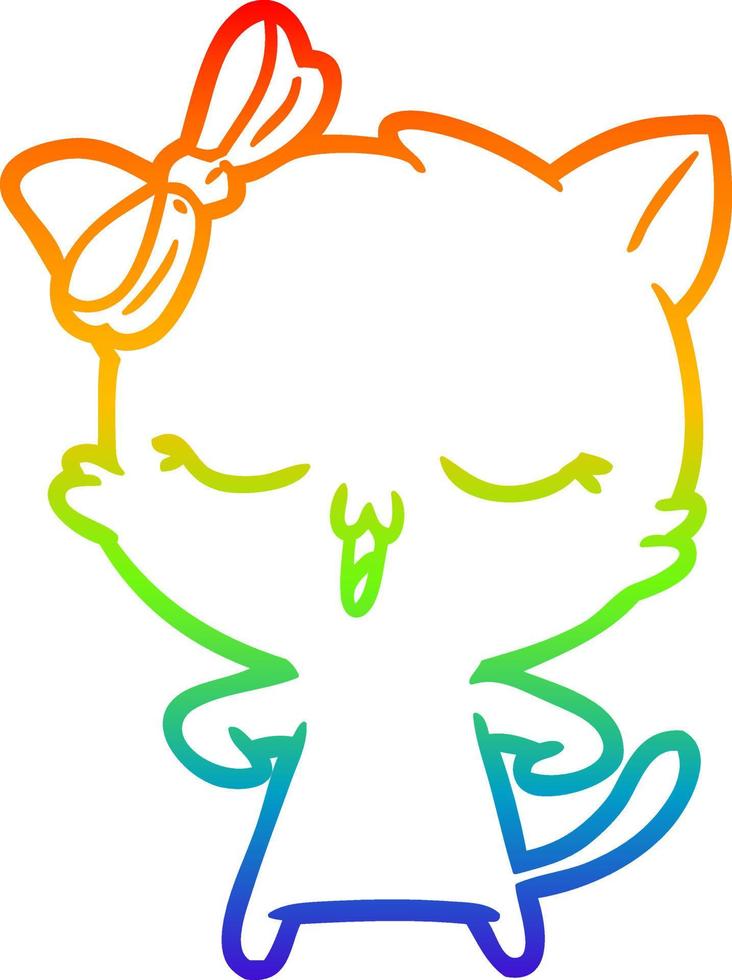 rainbow gradient line drawing cartoon cat with bow on head vector