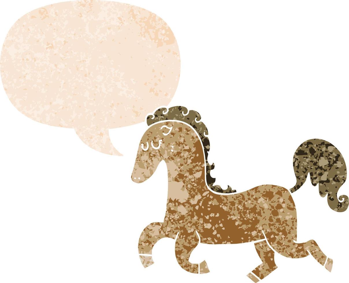 cartoon horse running and speech bubble in retro textured style vector