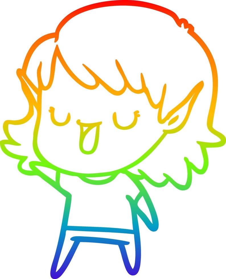 rainbow gradient line drawing cartoon elf girl vector