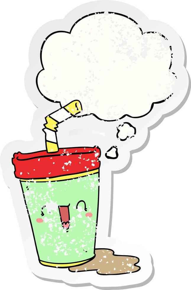 cute cartoon soda and thought bubble as a distressed worn sticker vector