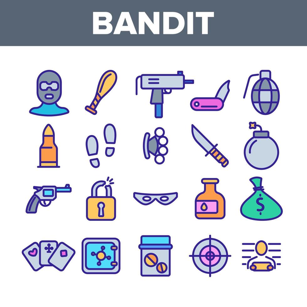 Criminal Acts, Bandit Thin Line Icons Set vector